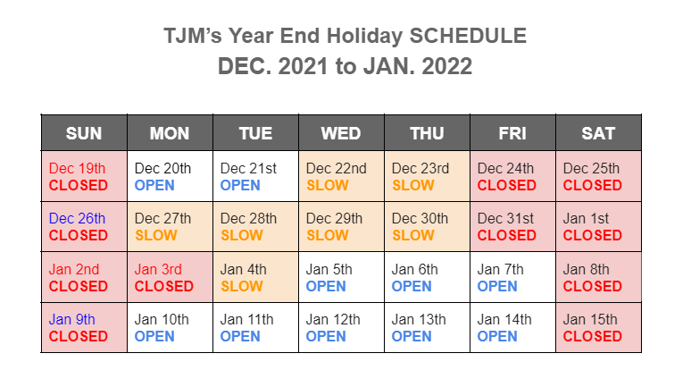 Holiday SCHEDULE 2021